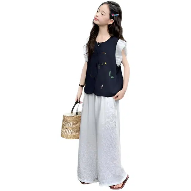比比我休闲运动套装 女童夏季衣服 小女孩飞袖 洋气时髦 大童潮牌 学生短袖