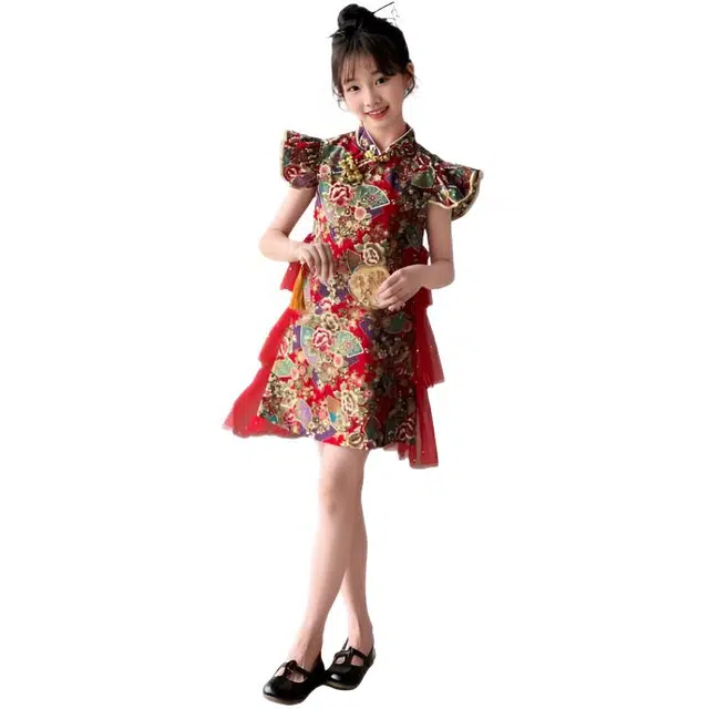 天才小熊汉服套装 女童夏季大童运动小孩衣服 小女孩 青少年网纱旗袍裙中国风洋气时髦 漂亮 甜美