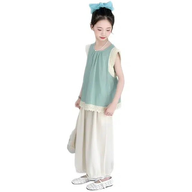比比我裙装套装 女童夏季 小孩衣服 小女孩字花边上衣灯笼裤 大童潮牌运动