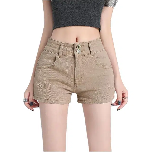 纤丝鸟 高街美式高腰显瘦双扣设计百搭休闲透气舒适牛仔短裤 女款
