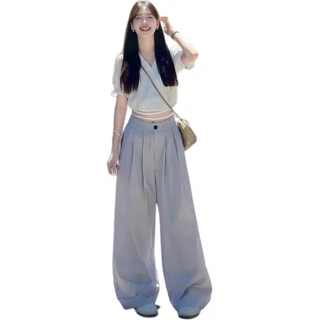 沐晓欣 温柔系穿搭一整套韩版气质上衣高腰阔腿裤休闲套装 女款