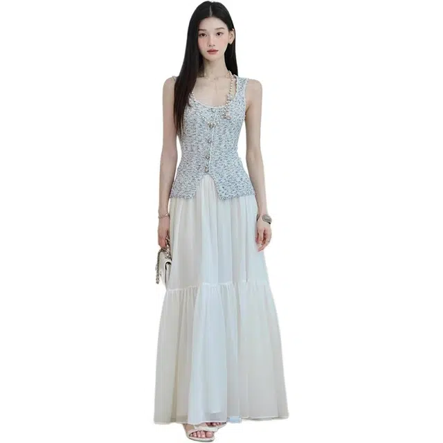 囍鱼少女  立体感肌理花纱混纺无袖修身花色针织衫 女款