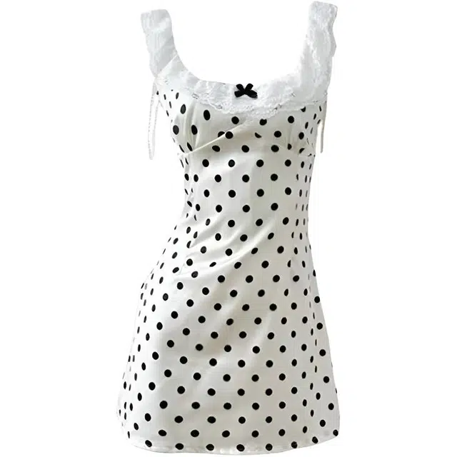 苏九儿 法式甜美风蕾丝领收腰波点包臀裙无袖连衣裙 女款