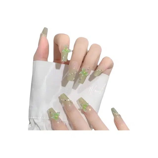 嘉比兔 清新渐变美甲甲片珍珠蝴蝶绿色指甲极光法式穿戴贴片显白  梯型绿色渐变 可爱