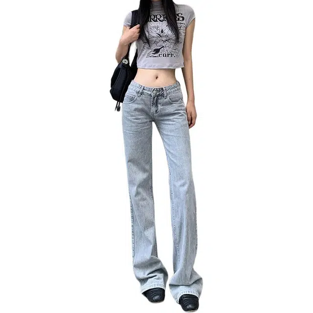 如续  美式复古百搭显瘦浅色辣妹低腰微宽松直筒简约设计牛仔裤 女款