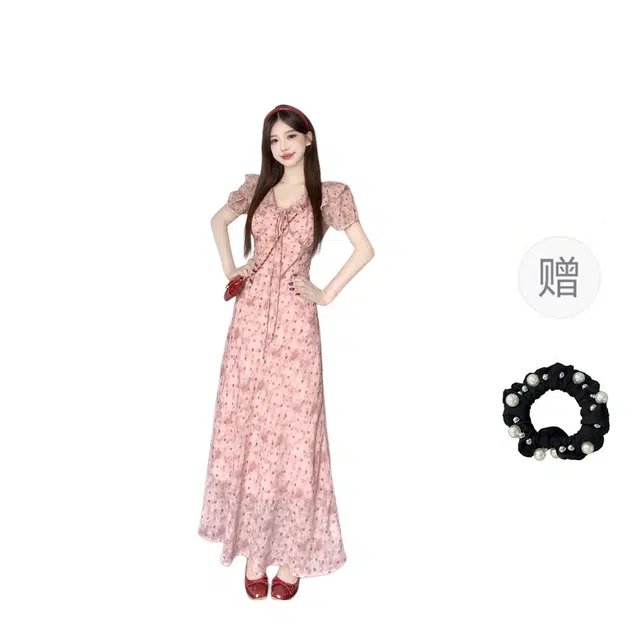 雾闪闪 法式气质收腰显瘦扎染波点中长款温婉荷叶边 短袖连衣裙 女款