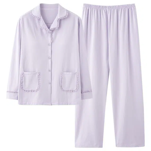 俏韵 翻领春秋季简约纯色长袖甜美休闲薄款家居服可外穿睡衣套装 女款