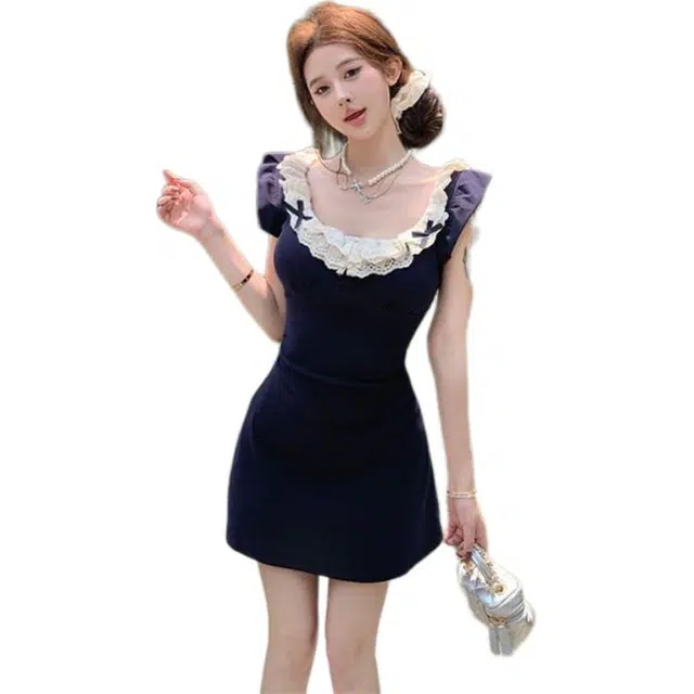 囍鱼少女 法式蕾丝小飞袖夏季气质超好看辣妹小个子收腰短裙连衣裙 女款