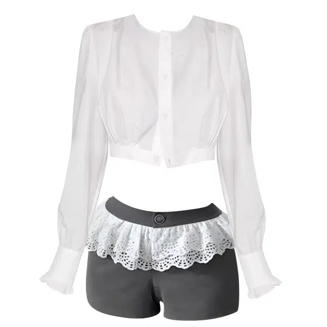 囍鱼少女 纯欲辣妹风圆领长袖短款衬衫女夏季高腰花边拼接直筒短裤两件套 休闲套装 女款