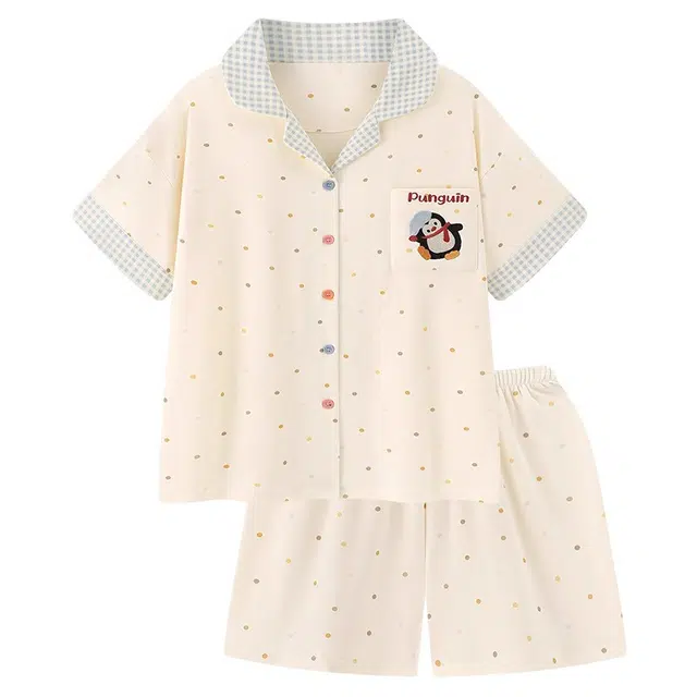 俏韵 翻领卡通企鹅夏季纯棉甜美波点短袖短裤休闲舒适薄款家居服可外穿睡衣套装 女款