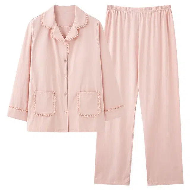 俏韵 翻领春秋季简约长袖长裤甜美休闲薄款家居服可外穿睡衣套装 女款