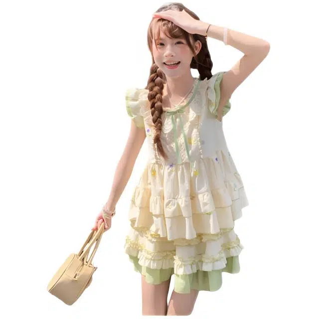 木木兔 时尚潮流田园风小飞袖短袖搭配高腰半身短裙裙装套装 女款