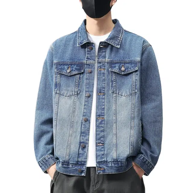 棉基因 复古潮牌简约纯色宽松大码高街水洗做旧休闲百搭日常通勤单排扣透气落肩氛围感翻领牛仔外套 男女同款 六色可选