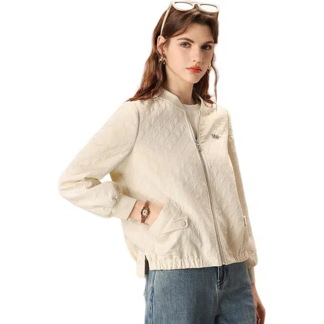 粉红玛琍 宽松拉链外套纯色常规长袖都市休闲中腰棒球服 女款