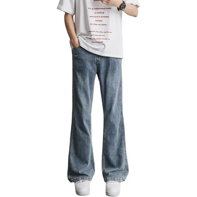 华夏儿女 夏季薄款高端复古弹力微喇裤美式潮牌宽松直筒垂感拖地牛仔裤 男款