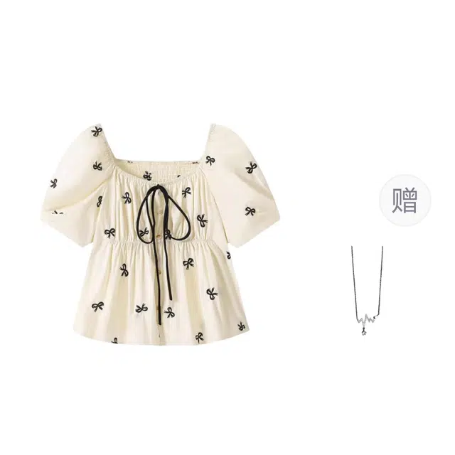 识恩 甜美蝴蝶结印花系带娃娃衫女夏季显瘦温柔风上衣衬衫 女款