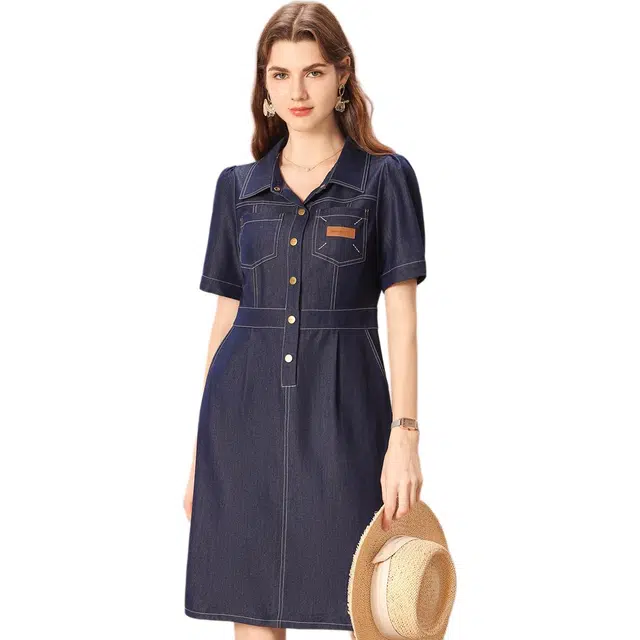 粉红玛琍 显瘦中裙复古纯色常规翻领都市休闲牛仔裙高腰短袖连衣裙 女款