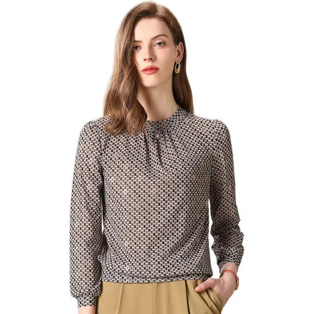 粉红玛琍 弹力印花圆领几何常规九分袖都市休闲日常便服高腰衬衫 女款