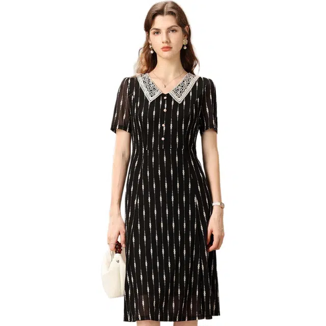 粉红玛琍 网纱印花显瘦撞色常规娃娃领修身商务通勤高腰短袖连衣裙 女款