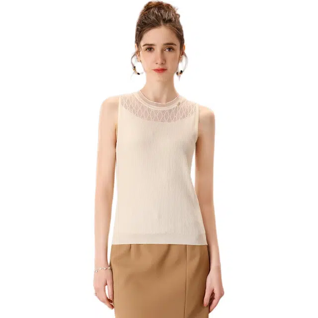 粉红玛琍 纯色无袖内搭圆领常规优雅气质针织衫 女款