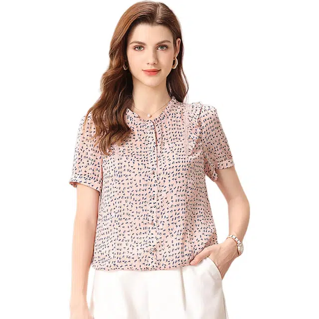 粉红玛琍 甜美木耳边碎花几何常规短袖圆领宽松休闲日常便服中腰衬衫 女款