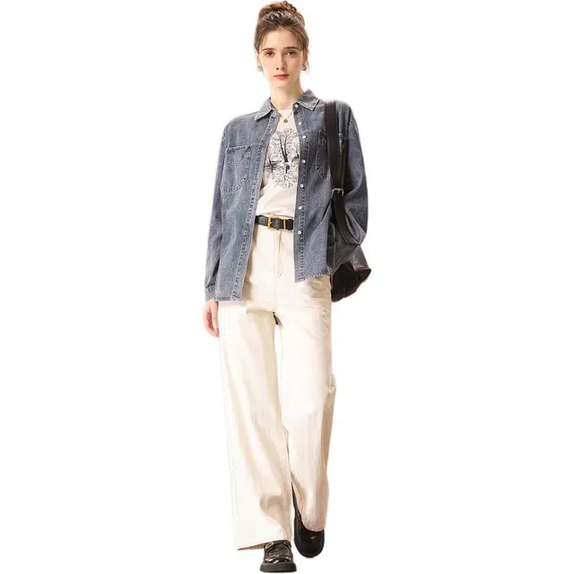 粉红玛琍 水洗复古单排扣纯色常规长袖翻领宽松都市休闲日常便服衬衫 女款