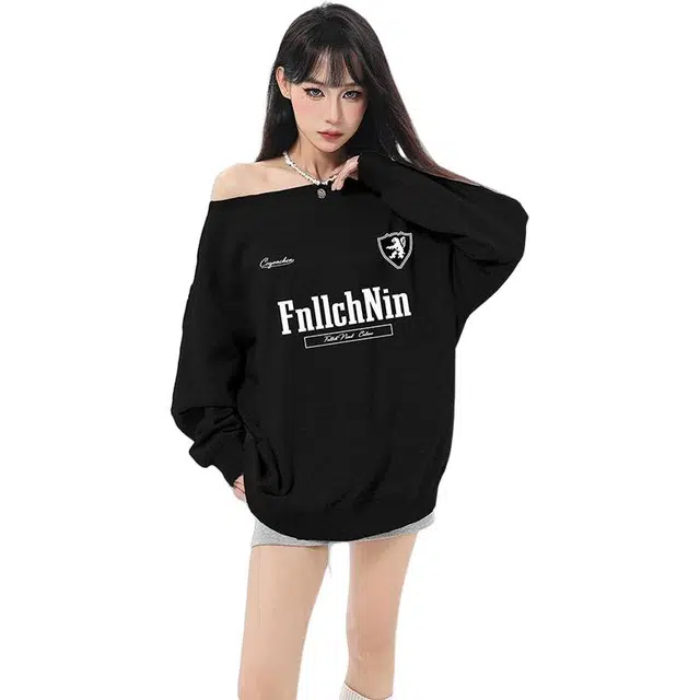 柏黛妃 一字肩斜肩春秋款美式复古慵懒风露肩长袖卫衣 女款