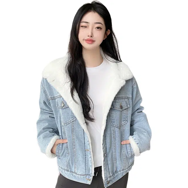 敲模女孩 美式复古街头风加绒加厚宽松长袖牛仔外套 女款