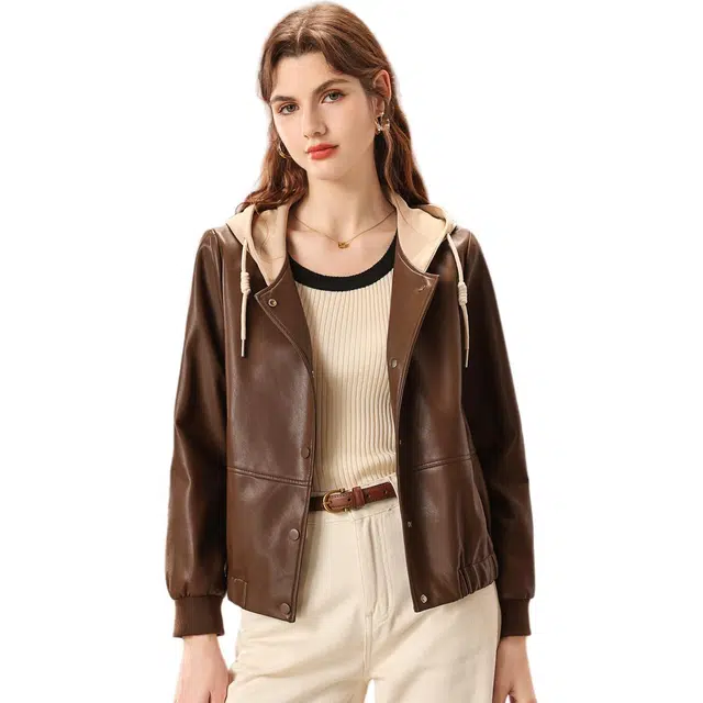 粉红玛琍 拼接款连帽单排扣撞色常规长袖宽松摩登梭织外套中腰皮衣 女款