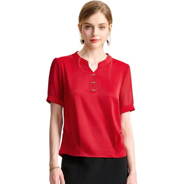 粉红玛琍 百搭休闲轻薄纯色常规短袖半开领商务通勤套头高腰衬衫 女款