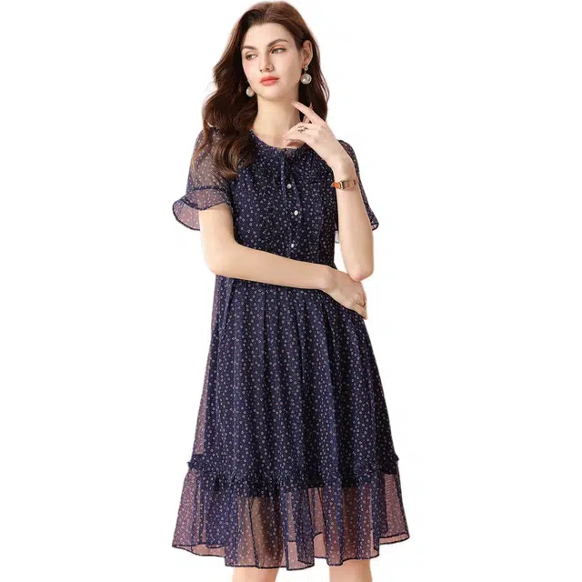 粉红玛琍 气质优雅薄款透气荷叶袖圆领收腰休闲网纱裙高腰短袖连衣裙 女款