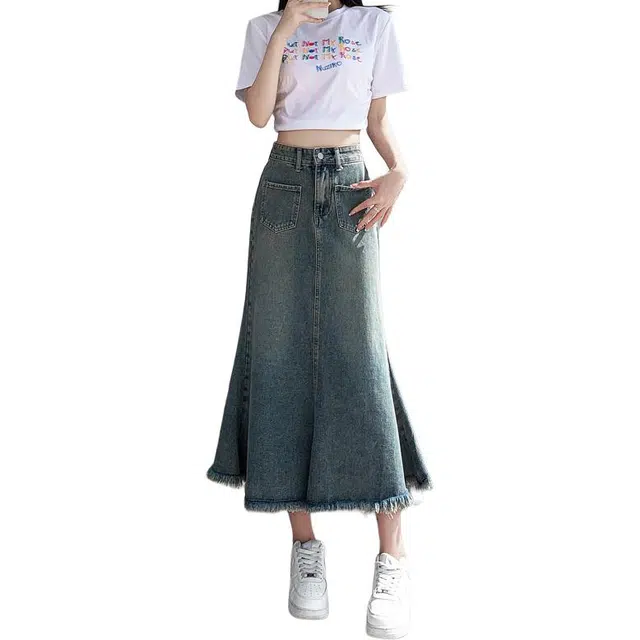 如续 鱼尾高质量半身裙女显瘦遮胯包臀裙夏秋款高腰百搭裙牛仔长裙 女款