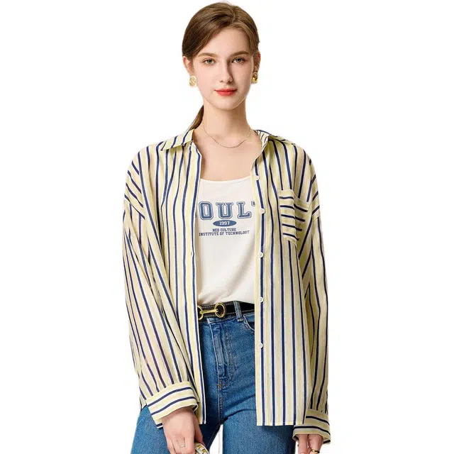 粉红玛琍 条纹长袖外套常规翻领宽松都市休闲高腰衬衫套装 女款