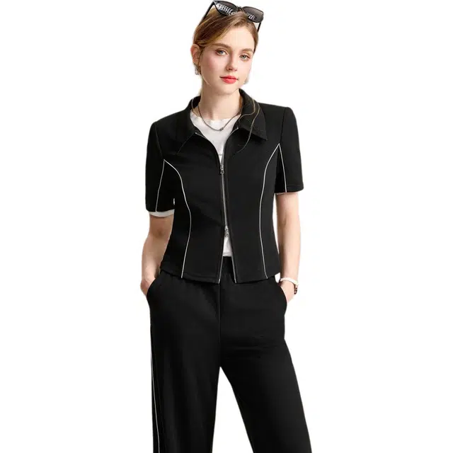 粉红玛琍 夏季款运动风翻领纯色常规短袖高腰长裤休闲套装 女款