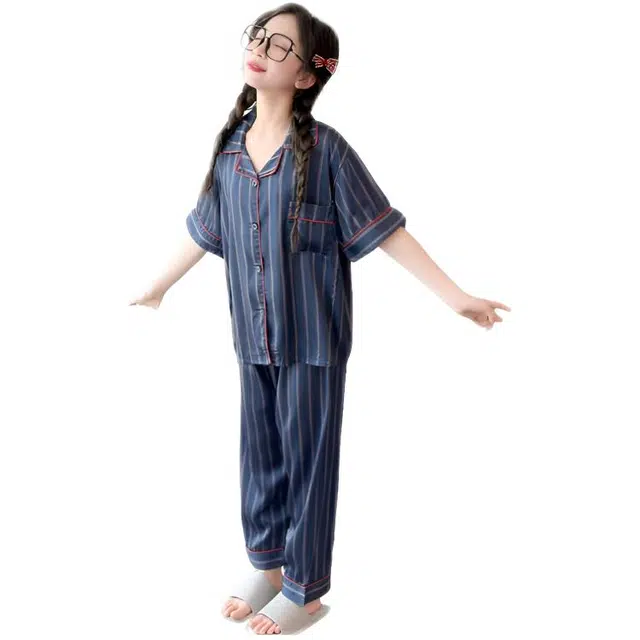 天才小熊家居服套装 女童夏季冰丝竖纹红蓝条大童休闲小孩衣服 小女孩居家外穿 睡衣洋气时髦 漂亮 甜美