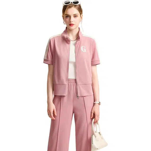 粉红玛琍 简约时尚立领纯色常规短袖商务通勤高腰长裤休闲套装 女款