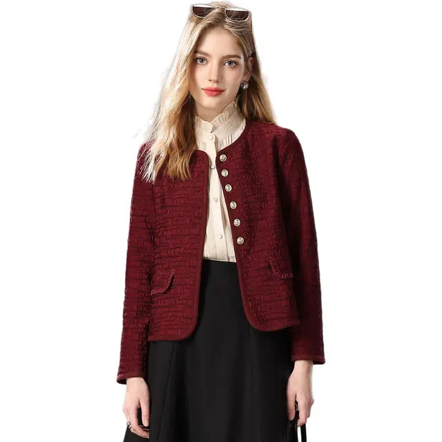 粉红玛琍 纯色圆领单排扣常规长袖直筒小香风开衫中腰夹克 女款