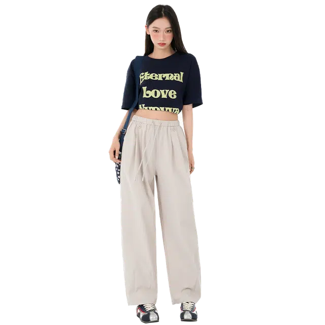 玫丝朵 美式极简风轻薄透气百搭高腰宽松阔腿休闲裤 女款