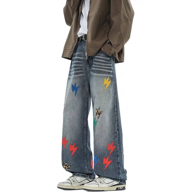 宝米卡 美式潮牌微宽松直筒五彩闪电贴皮牛仔裤 男女同款