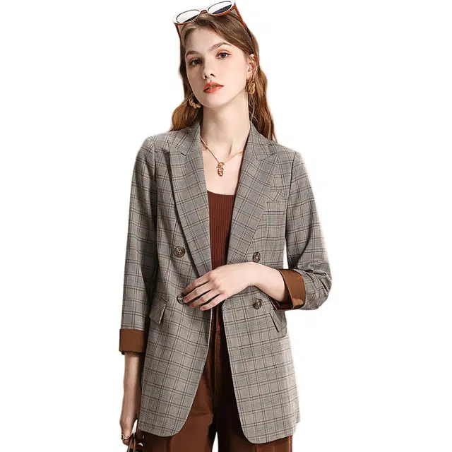 粉红玛琍 英伦风双排扣千鸟格格纹常规九分袖修身高腰西装 女款