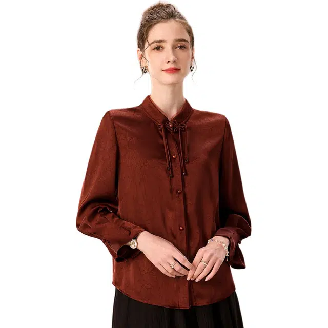 粉红玛琍 春季款国风立领纯色常规长袖宽松新中式日常便服中腰衬衫 女款