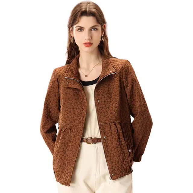 粉红玛琍 宽松短款立领花朵常规长袖都市休闲中腰截短外套 女款