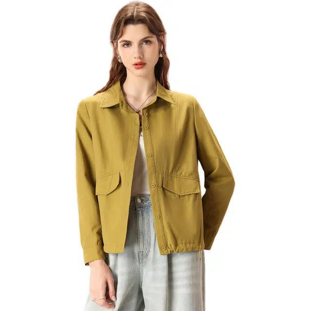 粉红玛琍 纯色单排扣翻领常规长袖宽松都市休闲梭织外套中腰夹克 女款