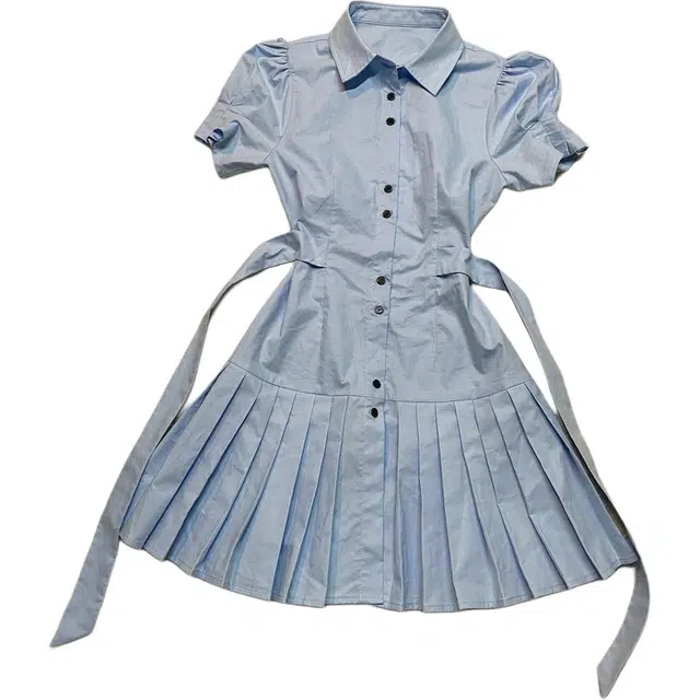 桴生 学院清新甜美收腰绑带穿搭百褶裙短袖连衣裙 女款