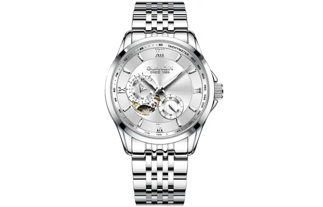 冠琴 手表男士全商务双日历 自动机械机芯 精钢表带 国表 男表 银色表盘 夜光防水