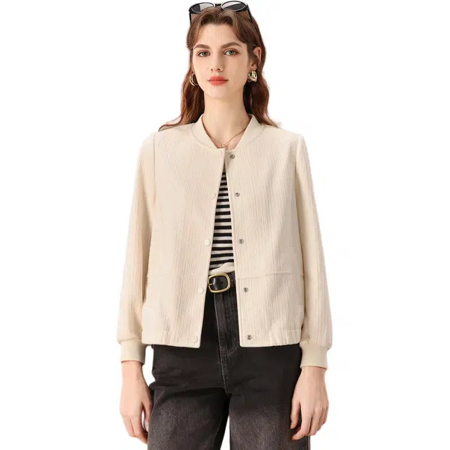 粉红玛琍 简约纯色单排扣常规长袖宽松都市休闲开衫高腰棒球服 女款