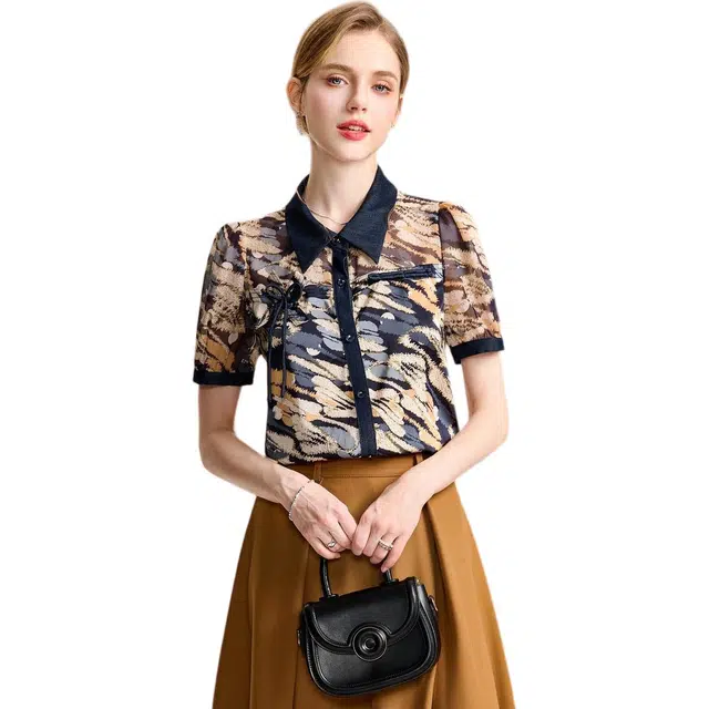 粉红玛琍 复古印花翻领碎花常规短袖商务通勤开衫高腰衬衫 女款