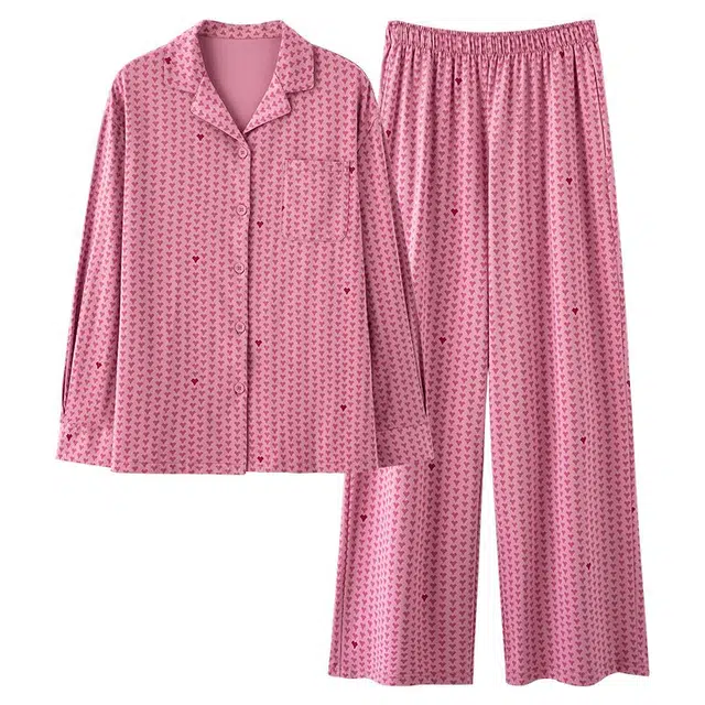 俏韵 翻领春秋季款简约长袖长裤甜美休闲宽松舒适薄款家居服可外穿睡衣套装 女款