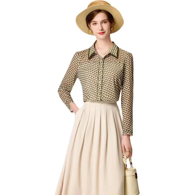 粉红玛琍 单排扣印花显瘦常规长袖翻领优雅气质日常便服高腰衬衫 女款