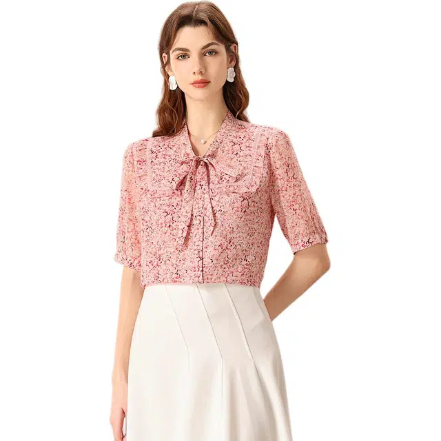 粉红玛琍 轻薄五分袖套头碎花常规系带领优雅气质高腰衬衫 女款